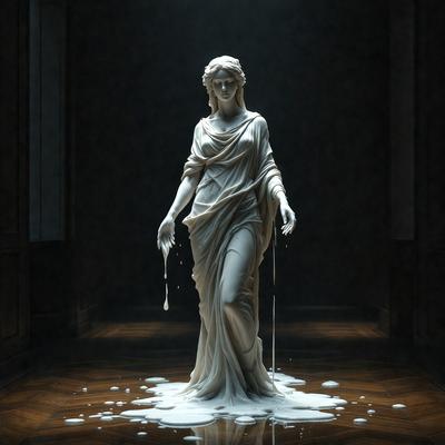 The primary subject of the image is a statue of a woman, possibly a Roman statue, standing in a dark room. The setting is a room with a dark background, and the visual style appears to be a combination of a photo and digital art. The statue is dripping with white paint, giving it a unique and artistic appearance. The overall atmosphere of the image is dramatic and mysterious.
